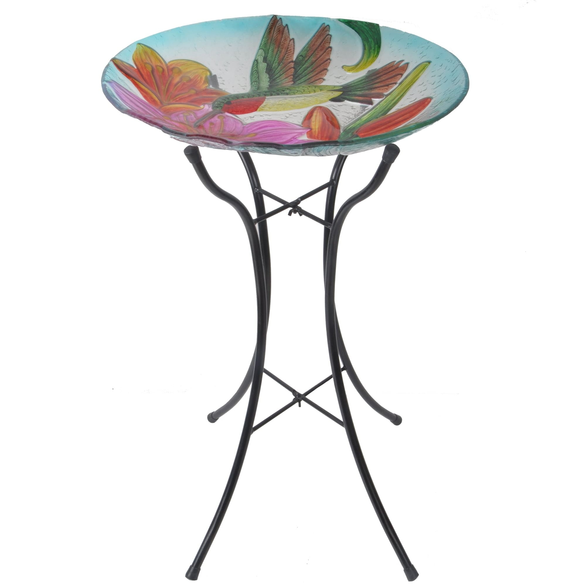 18" Multicolor Glass Flower and Hummingbird Birdbath with Metal Stand