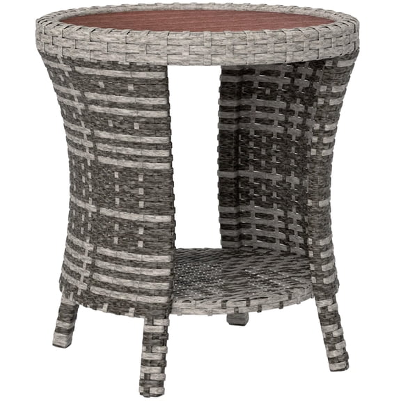 18" Outdoor Wicker Coffee Table, 2-Tier Patio Side Table with Storage, PE Rattan End Table with Composite Wood Top, Steel Frame for Garden Backyard Balcony,