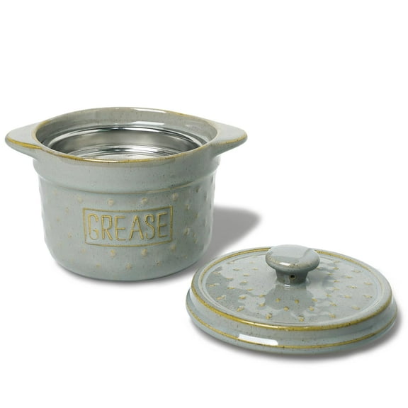 18 Oz Bacon Grease Container with Strainer, Ceramic Frying Oil Container Keeper for Kitchen, Easy-Grip Handle,Dishwasher Safe,Vintage Grey