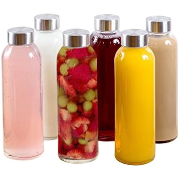 18 Oz Clear Borosilicate Glass Water Bottles With Caps, 6 Pack, Heat Resistant, Slim, Easy to Store, Reusable Drinking Bottle, Sauce Jar, Juice Beverage Container, With Leakproof Lids