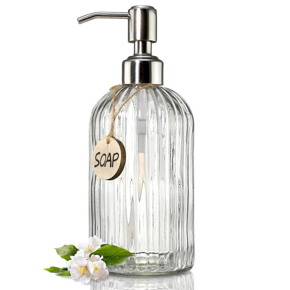 18 Oz Glass Soap Dispenser with Rust Proof Stainless Steel Pump, Refillable Hand Soap Dispenser with Vertical Stripe