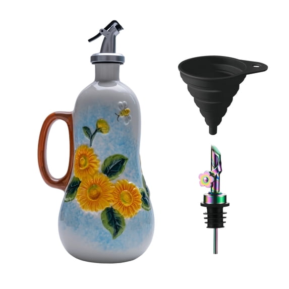 18 Oz Hand Painted Relief Ceramic Olive Oil Bottle Dispenser for Kitchen 540mL