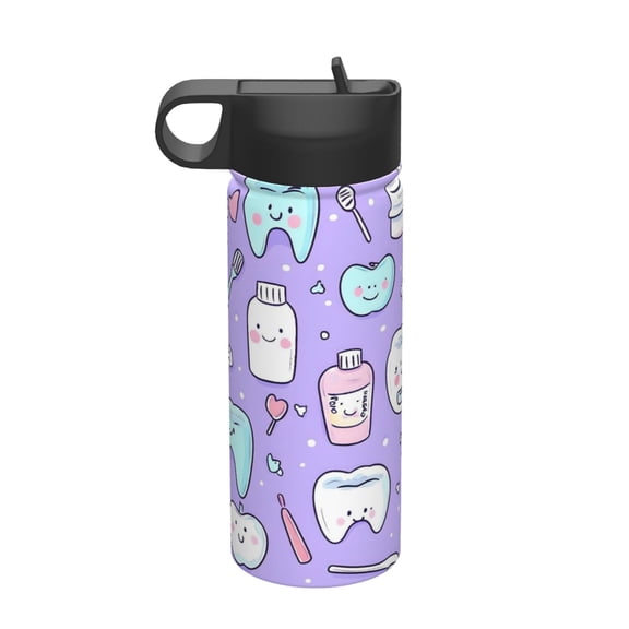 18 Oz Insulated Sports Bottle, Outdoor Sports Gym Handheld Portable Casual Stainless Steel Water Bottle, Straw With Lid Cute Teeth And Objects Dental Care