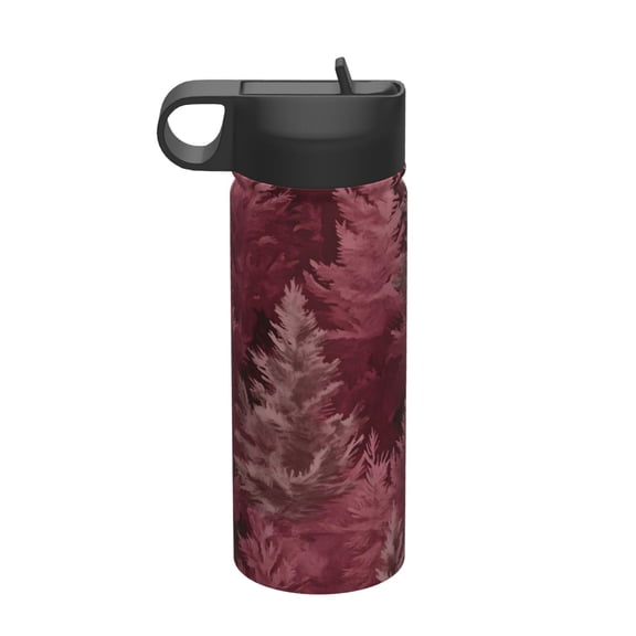 18 Oz Insulated Sports Bottle, Outdoor Sports Gym Handheld Portable Casual Stainless Steel Water Bottle, Straw With Lid Realistic Forests Camouflage Pattern Conifer Maroon_2