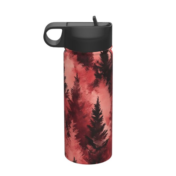 18 Oz Insulated Sports Bottle, Outdoor Sports Gym Handheld Portable Casual Stainless Steel Water Bottle, Straw With Lid Realistic Forests Camouflage Pattern Conifer Maroon_4