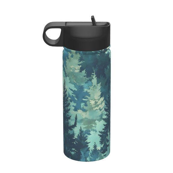 18 Oz Insulated Sports Bottle, Outdoor Sports Gym Handheld Portable Casual Stainless Steel Water Bottle, Straw With Lid Realistic Forests Camouflage Pattern Conifer Paleturquoise_1