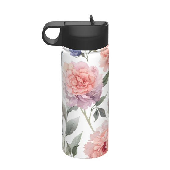 18 Oz Insulated Sports Bottle, Outdoor Sports Gym Handheld Portable Casual Stainless Steel Water Bottle, Straw With Lid Watercolor Carnations And Roses