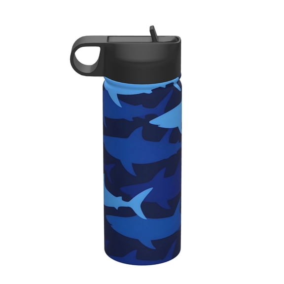 18 Oz Insulated Sports Bottle, Outdoor Sports Gym Handheld Portable Casual Stainless Steel Water Bottle, Straw With Lid Blue Camouflage Shark Pattern