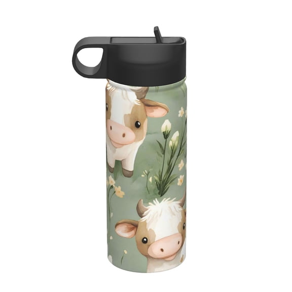 18 Oz Insulated Sports Bottle, Outdoor Sports Gym Handheld Portable Casual Stainless Steel Water Bottle, Straw With Lid Cute Calf And Daisy