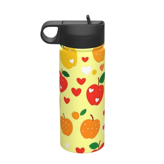18 Oz Insulated Sports Bottle, Outdoor Sports Gym Handheld Portable Casual Stainless Steel Water Bottle, Straw With Lid Yellow And Red Apples