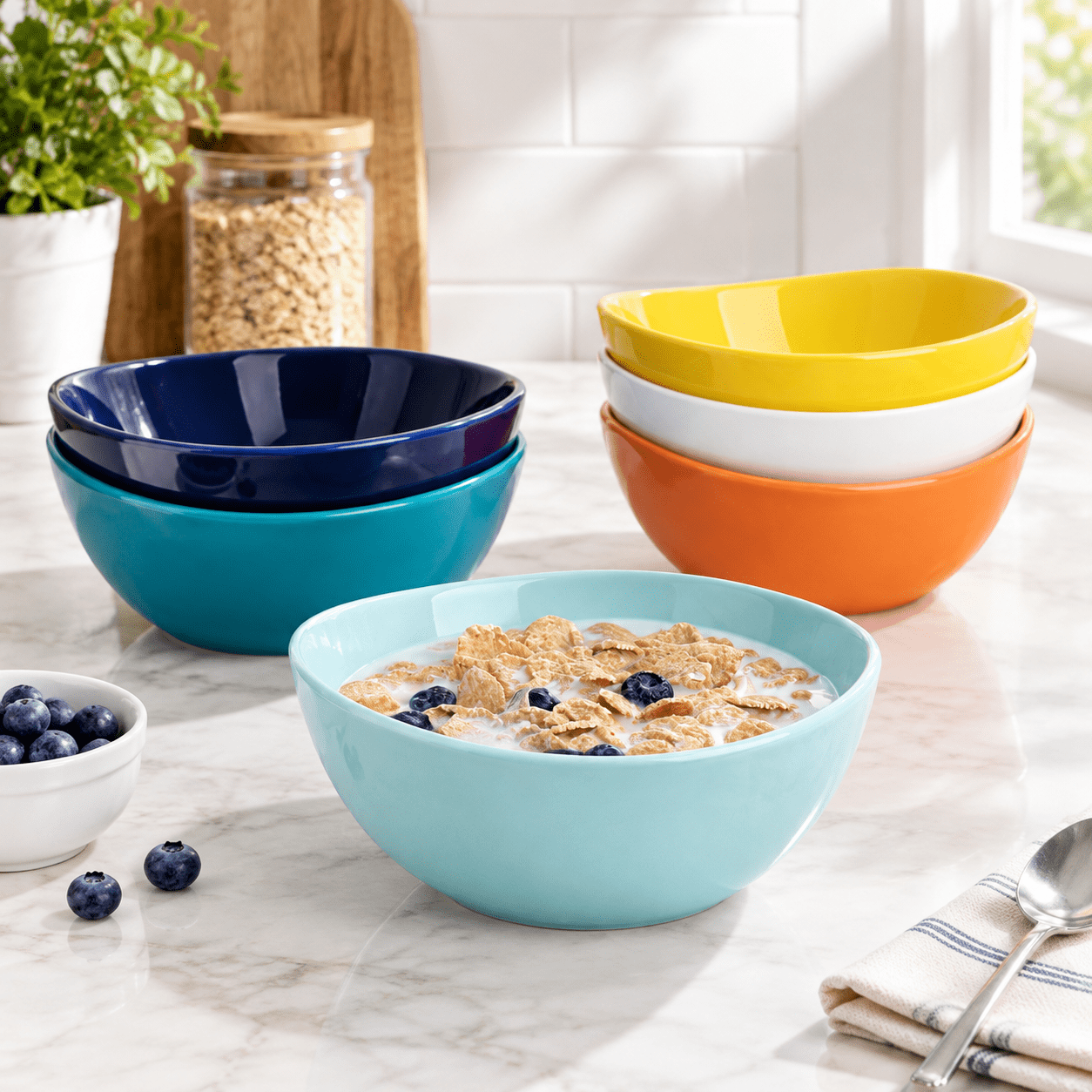 18 Oz Medium Porcelain Bowl - Set Of 6 Rainbow Colored Cereal Dessert ...
