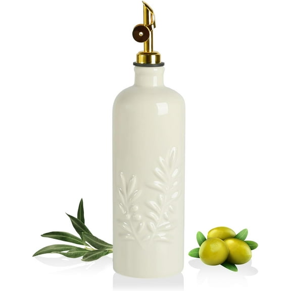 18 Oz Oil Dispenser for Kitchen with Gravity Spout, Ceramic Olive Oil Dispenser Bottle, Relief Opaque Vinegar Container for Evoo, Vinegar, Soy Sauce, Pack of 1(Beige, Gold Spout)