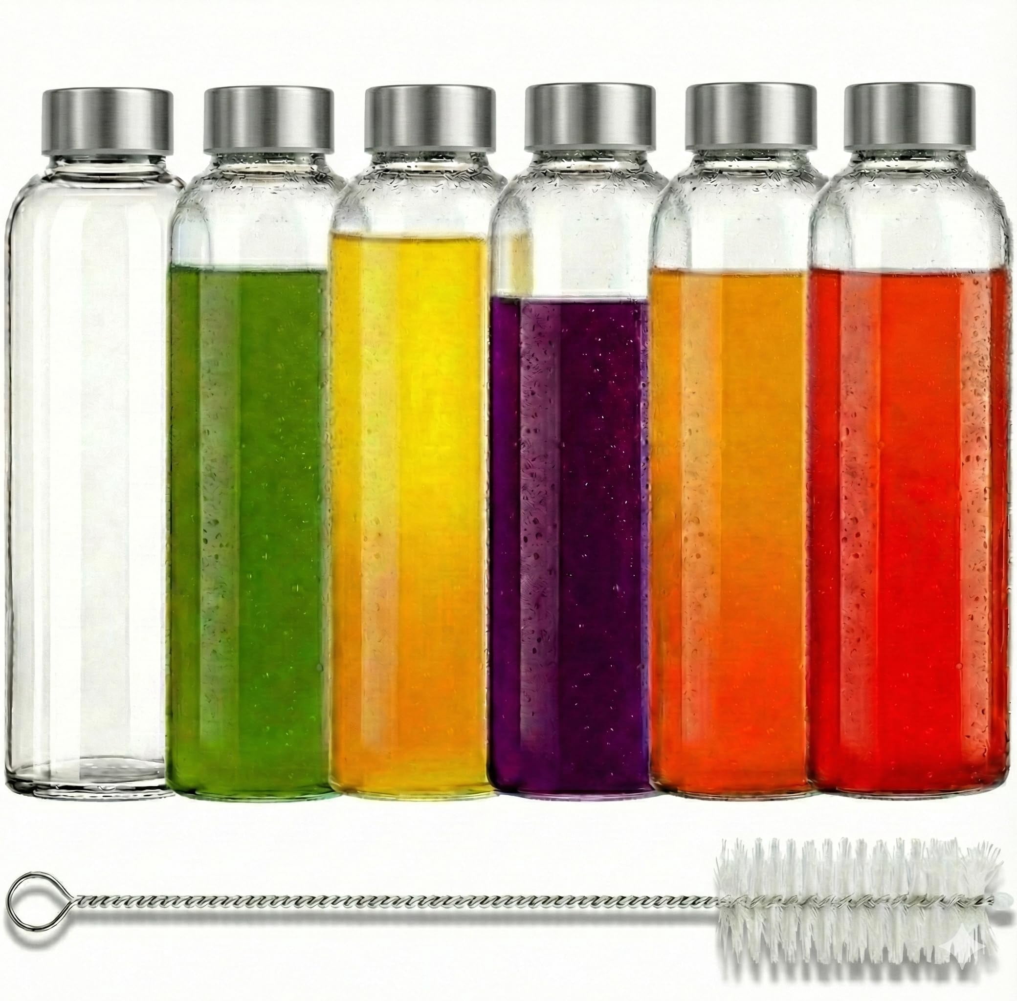 18 Oz Soda Lime Glass Water Bottles 6 Pack with Lids and Cleaning Brush