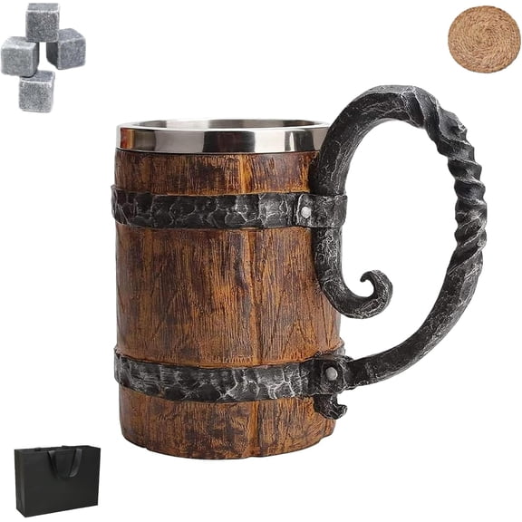 18 Oz Wooden Barrel Beer Mug, Wood Bucket Style Beer Stein with Handle, Stainless Steel Double Wall Tankard Cocktail Mug for Bar & Gifts for Men
