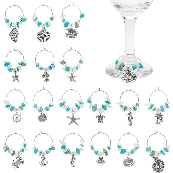 18 PCS Beach Wine Glass Charms 2 inches Shell Crab Starfish Seahorse Conch Styles Wine Glass Identifier Charms Tibetan Style Wine Glass Tags Beach Themed Wine Party Silver & Stainless Steel Color