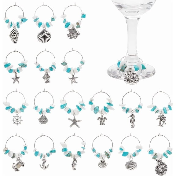 18 PCS Beach Wine Glass Charms 2 inches Shell Crab Starfish Seahorse Conch Styles Wine Glass Identifier Charms Tibetan Style Wine Glass Tags for Summer Beach Themed Wine Party for DIY