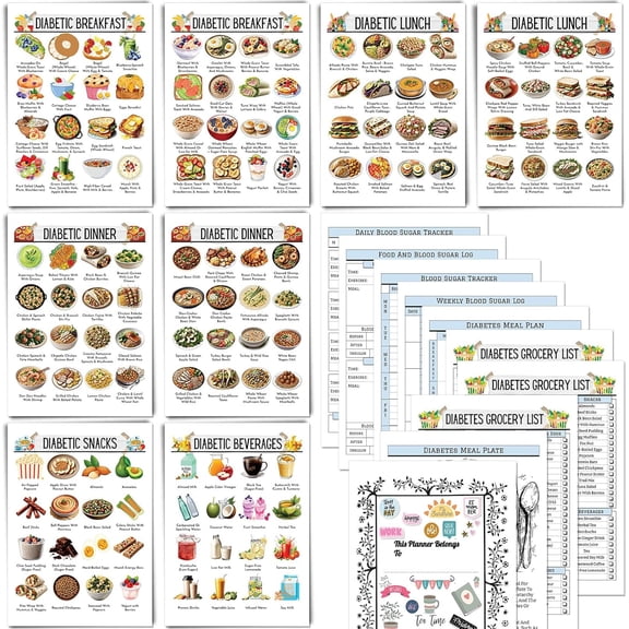 18 PCS Diabetic Food List and Meal Planner  Laminated Diabetes Meal Chart with Low Carb Food Guide, Glycemic Index Lists, Writable Trackers & Portion Control Posters  Diabetic-Friendly & Reusable
