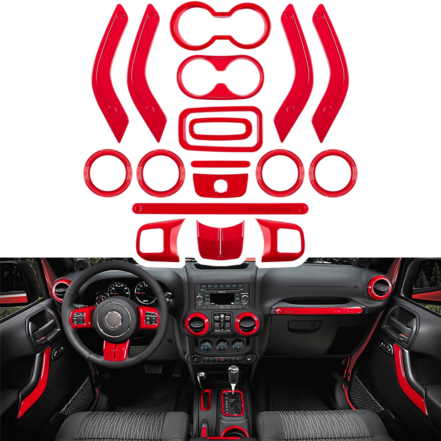 18 PCS Full Set Interior Decoration Trim Kit Steering Wheel Center Console  Door Handle Air Conditioning Vent Cup Holder Gear Cover Trim for Jeep  Wrangler JK JKU 2011-2018 4-Door (Red)
