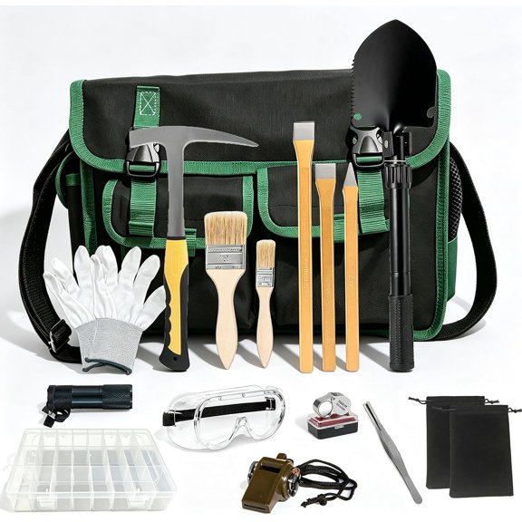 18 PCS Geology Rock Pick Hammer Kit for Rock Hounding,Gold Mining,33 oz Hammer with 3 PCS Digging Chisels,Safety Glasses,Whistle, Jewelers Loupe,Tweezers,Multi-function Shovel