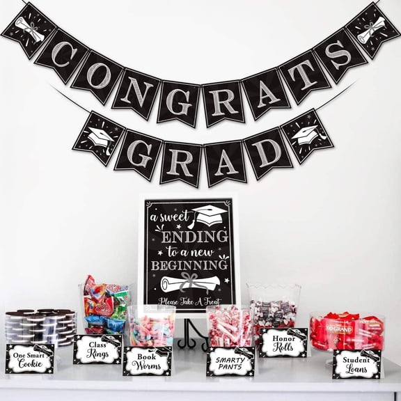 18 PCS Graduation Candy Bar Dessert Buffet Decoration-A Sweet Ending To A New Beginning Sign Congrats Grad Banner Food Labels Dessert Table Party Favor Ideas Supplies Silver Black