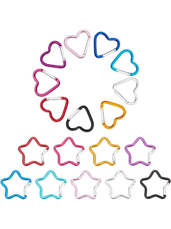 18 PCS Heart Star Carabiner Clip Set Cute Aluminum Alloy Rock Carabiners 18 Styles Key Clasps for Outdoor Accessories Hiking Traveling Heart Shaped Gift 2 Inch