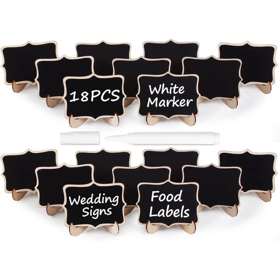 18 PCS Mini Chalkboard Signs with Easel Stand, Wooden Blackboard Labels for Wedding Celebration, Name/Place Cards, Food Labels for Party Buffet, Reusable Signs/Message Boards/Table Numbers etc.