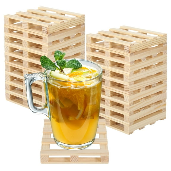 18 PCS Mini Wooden Pallets, Natural Wood Pallet Coaster Set, 3.9 Inches Rustic Square Drink Coasters, Unfinished DIY Wood Coasters for Hot and Cold Beverages, Coffee Mug Tray for Tabletop Protection
