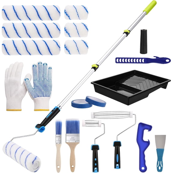18 PCS Paint Roller Kit with Extension Pole, 2 to 4 Ft Pole, 4 inch 9 inch Paint Rollers, Paint Brushes Tape for Walls, Professional Painting Supplies for Walls Ceilings Home