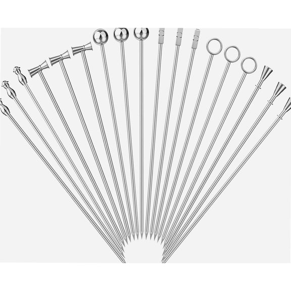 18 PCS Reusable Cocktail Picks, 6 Styles Martini Garnish Skewers, 4.3 Inches Long Stainless Steel Cocktail Toothpicks, Cocktail Sticks for Olives Appetizers Fruit