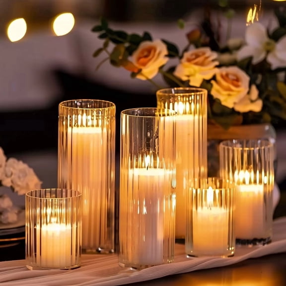 18 PCS Ribbed Glass Candle Holders, Transparent Cylinder Candle Holders for Pillar Candles, Clear Hurricane Candle Holder Set, Decorative Candle Vases for Centerpieces Wedding Table Decorations