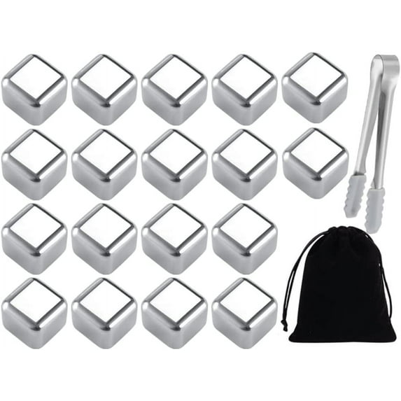18 PCS Stainless Steel Ice Cubes,Metal Ice Cube,und Velvet Bags+1 Nonslip Ice Tong,Cooling Whisky Rocks,Stainless Steel Whiskey Rocks,For Whiskey,Vodka,Liqueurs,Wine,Beverage Juice or Soda