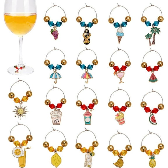 18 PCS Summer Beach Wine Glass Charms 1.8~2.2inch Long Alloy Enamel Drinks Pineapple Ice Cream Coconut Tree Styles Wine Glass Identifier Charms Drink Markers Tags with Beads for Party
