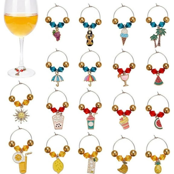 18 PCS Summer Beach Wine Glass Charms 1.8~2.2inch Long Alloy Enamel Drinks Pineapple Ice Cream Coconut Tree Styles Wine Glass Identifier Charms Drink Markers Tags with Beads for Party for DIY