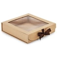 thumbnail image 1 of 18 PK, Kraft Pinstripe Folding Box With Window & Ribbon Closures 8 x 8 x 2" For Showcasing Gourmet Food, 1 of 1