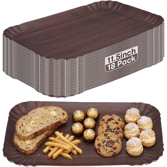 18 Pack 11.5 x 8 Inch Disposable Serving Trays, Rectangle Disposable Serving Platters, Wood Grain Heavy Duty Paper Food Trays for Crawfish Dessert Cookie Fruit Party Supplies (Deep Brown)