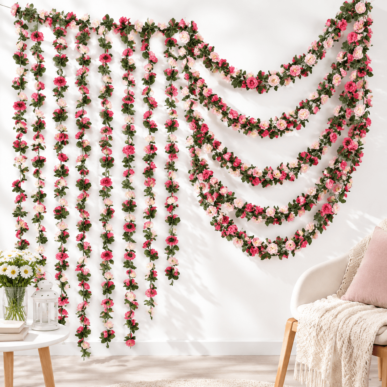 Pink Roses On Vine 18 Pack 144 Ft Artificial Flower Garland Pink Roses Vines Silk Flowers ...