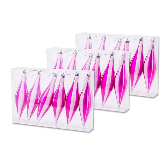 18 Pack 5.5" Hot Pink Finial Ornament with White Glitter Stripes