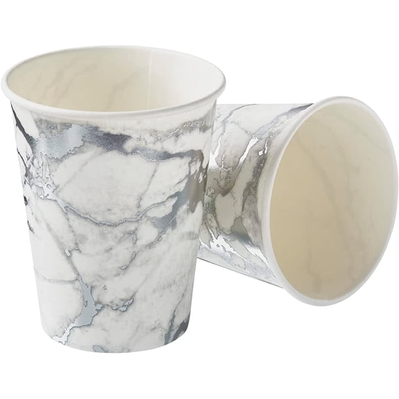 18 Pack 9 Oz. - Elegant Disposable Coffee Cups - Drinking Hot Cups For Coffee, Tea, Hot Chocolate & All Sort Of Beverages, Paper Coffee Cups, For Home, Office, Coffee Shop, Marble Design - Silver