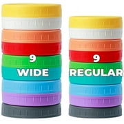 18 Pack 9 Wide Mouth & 9 Regular Mouth Mason Jar Lids with Silicone Rings,Thickened Leak-proof Lids Fit Ball,Kerr and More, 18 Color Plastic Lids, 86mm &70mm Plastic Mason Jar Lids