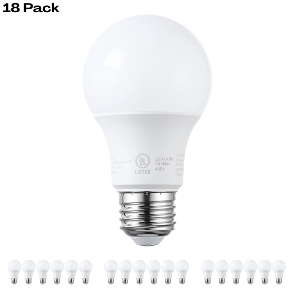 18 Pack A19 LED Light Bulbs 60W Equivalent, UL Listed, Dimmable, E26 Standard Base, Flicker Free