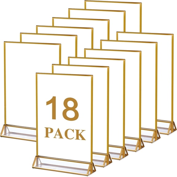18 Pack Acrylic Sign Holder,4 X 6 Gold Table Number Holders Vertical Stand,Double Sided Table Menu Stands,Clear Picture Frames,Gold Sign Holders for Wedding Tables Photo Display