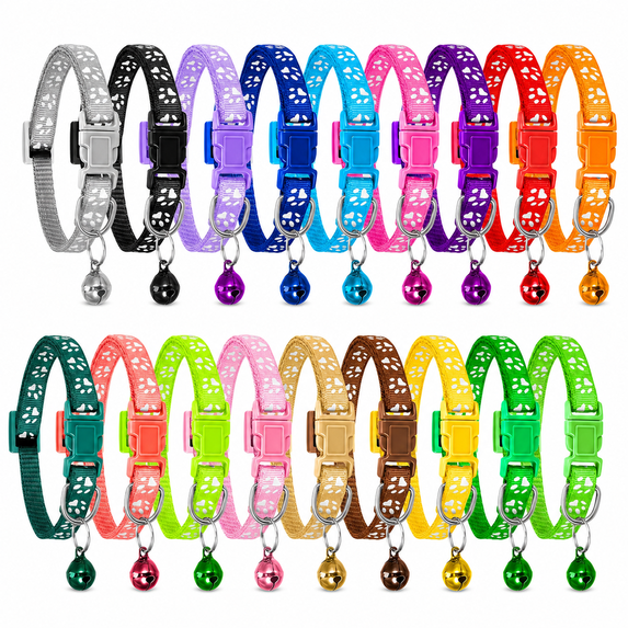 POITVD 18 Pack Adjustable Puppy ID Collars with Bells, Soft Nylon Paw Print Whelping Collars for Kittens, Cats and Small Dogs, 8.3–13.2 Inch, Assorted Colors