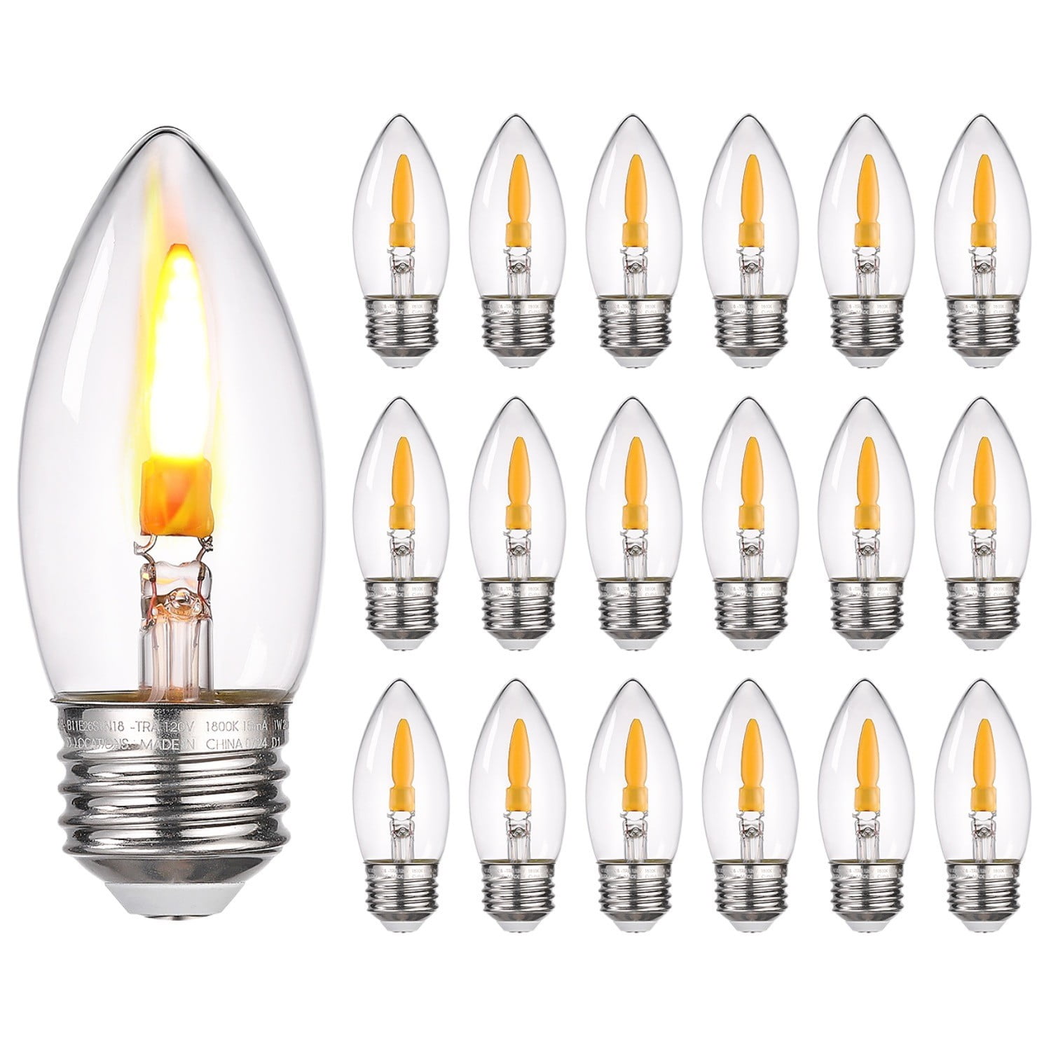 18 Pack B11 Flame Light Bulbs E26 Base, 1W LED Flickering Bulbs, 2 Modes, Candle Light Bulbs for Chandelier, UL Listed, 1800K Warm Yellow, D-44487, image size:1500x1500