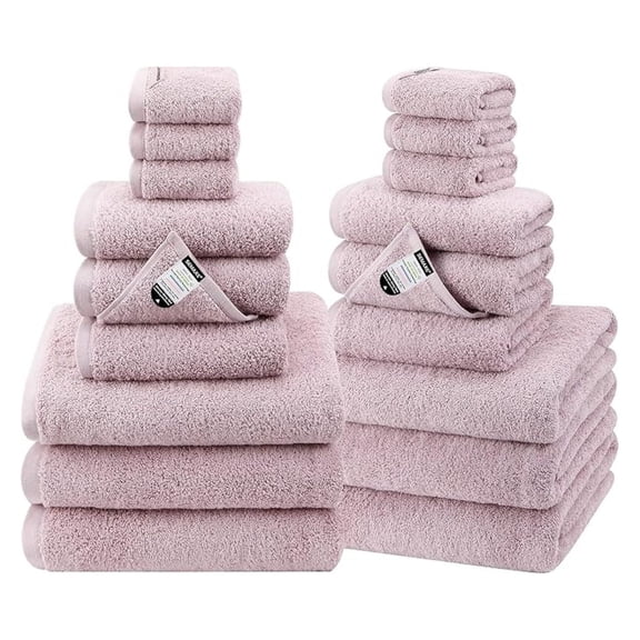 18-Pack Bath Towel Set Include 6 Bath Towels, 6 Hand Towels, 6 Wash Cloths, 100% Cotton Bathroom Towels with Hanging Loops and Nano- Lifecycle Labels, Soft & Absorbent Towel,