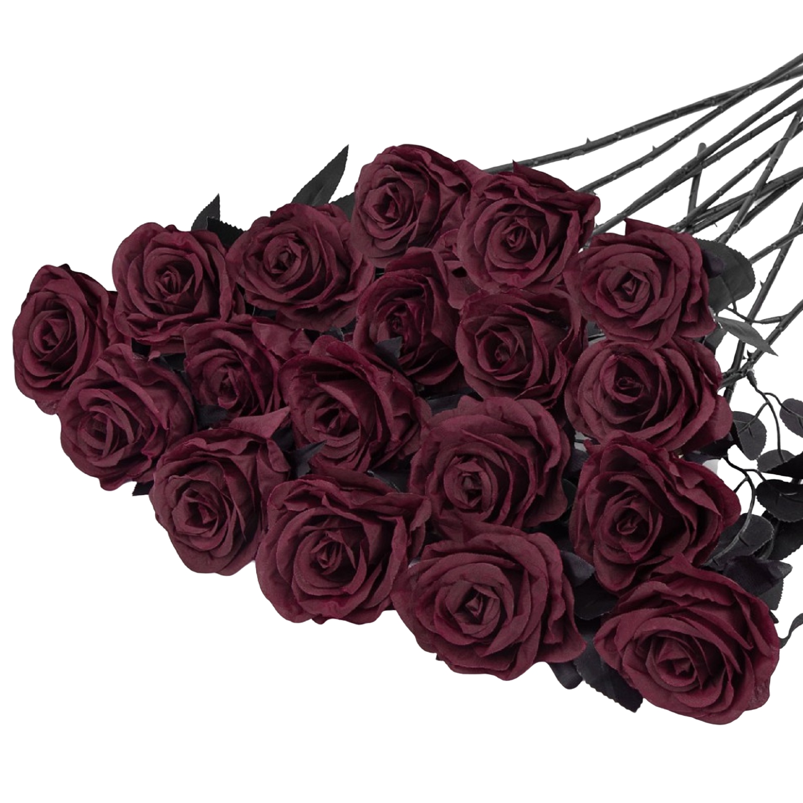 Fake Gothic Roses 18 Pack Burgundy Roses Artificial Flowers with Black Stems Silk Roses ...