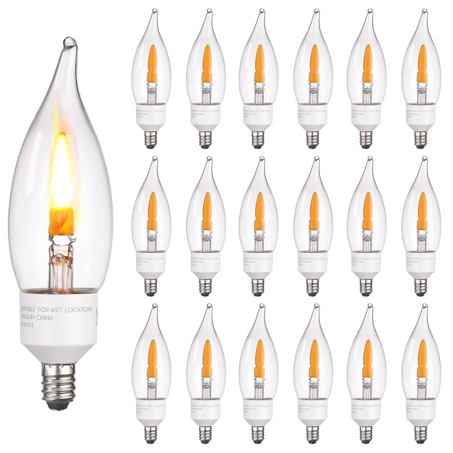 18 Pack CA11 Flame Light Bulbs E12 Base, 1W LED Flickering Bulbs, 2 Modes, Candle Light Bulbs for Chandelier, UL Listed, 1800K Warm Yellow