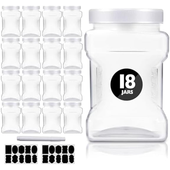 18 Pack Clear Plastic Storage Jars with Lids,27 oz Easy Grip Handles Plastic Containers,Reusable Wide Mouth Plastic Canisters,with Airtight Lids Square Paint Storage Containers for Kitchen Supplies