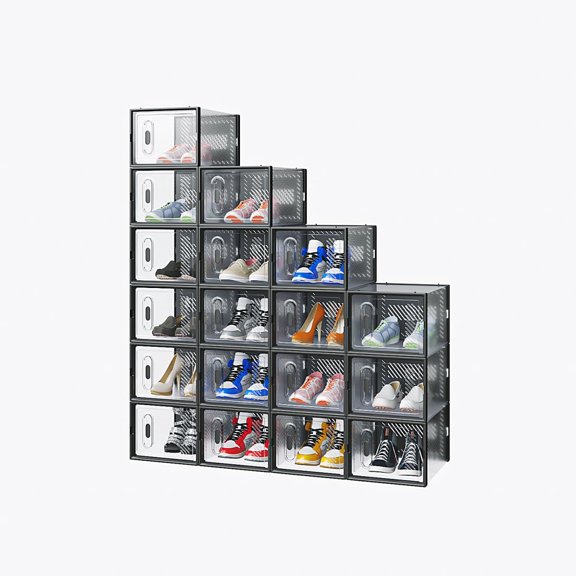 18 Pack Clear Shoe Boxes Stackable, Shoe Storage Boxes for Closet, Sturdy Shoe Box Storage Containers with Clear Door, Breathable Mesh Shoe Box Set, Sneaker Storage, Easy to Assemble, Black