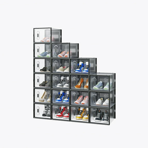18 Pack Clear Shoe Boxes Stackable, Shoe Storage Boxes for Closet, Sturdy Shoe Box Storage Containers with Clear Door, Breathable Mesh Shoe Box Set, Sneaker Storage, Easy to Assemble, Black