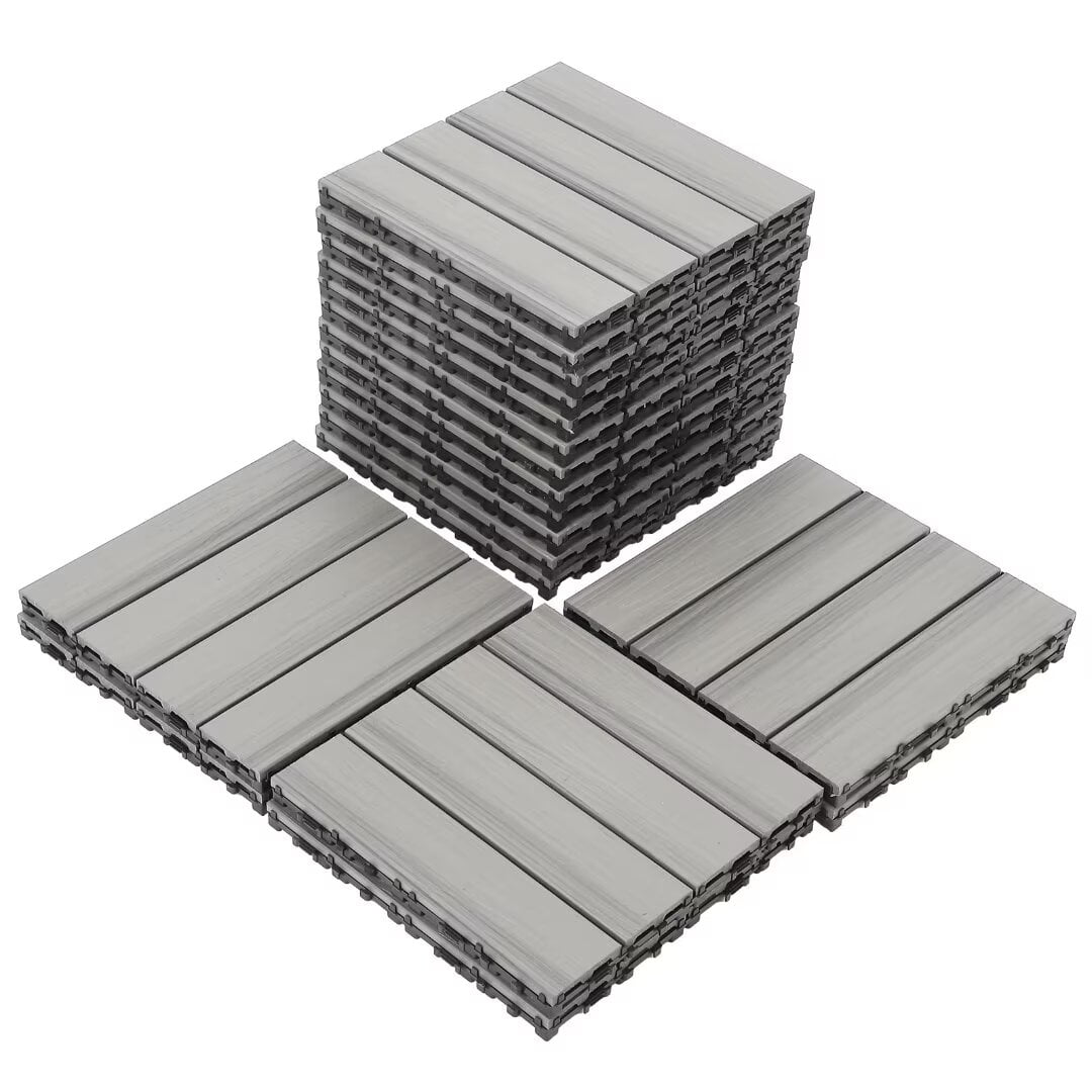 Gray Wood-Plastic Interlocking Deck Tiles, 12"x12" 18-Pack